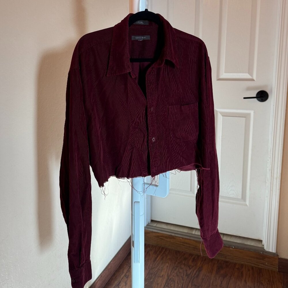 Nordstrom Cropped Corduroy Shirt – Wine/Burgundy | Raw Hem | Upcycled